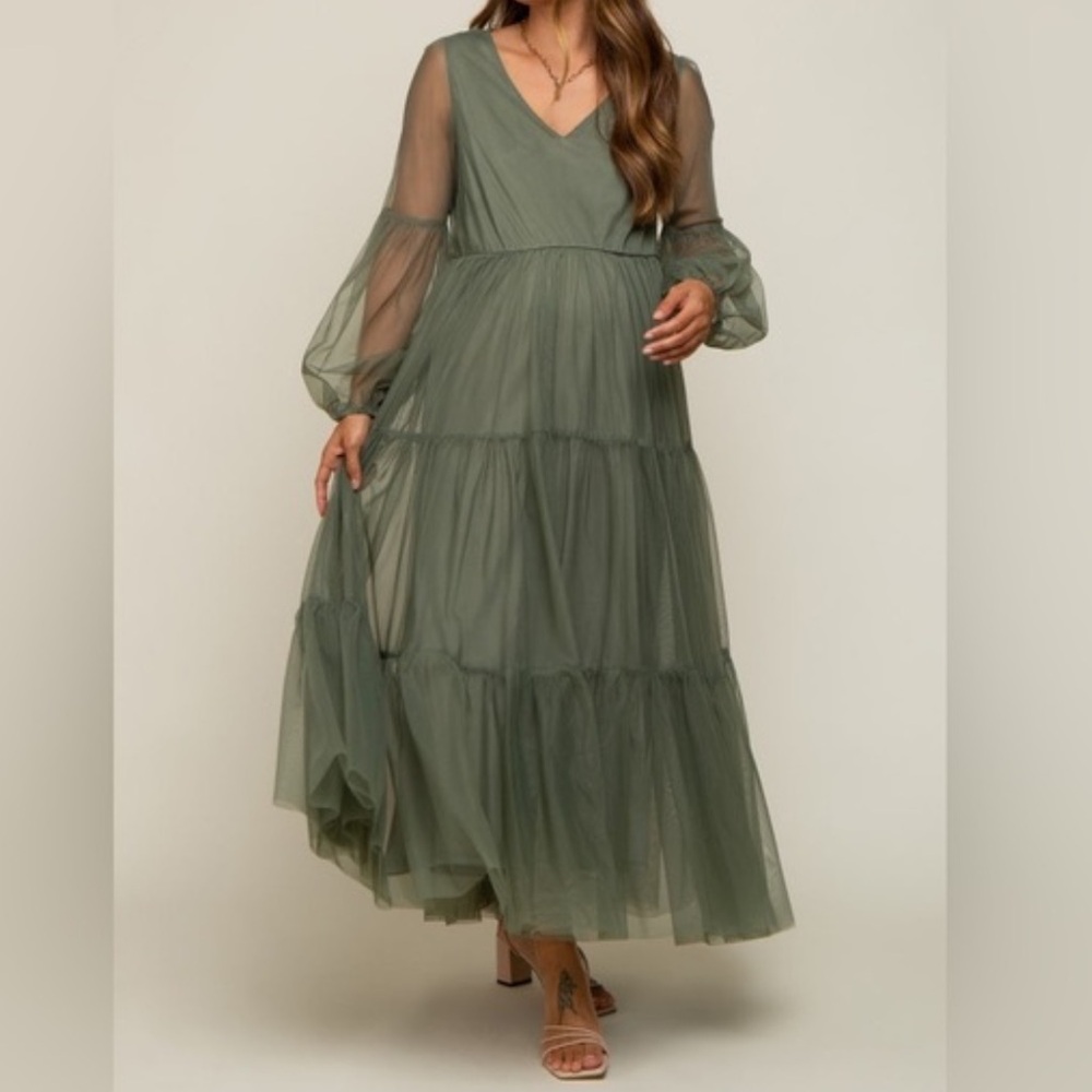 Listicle Olive Green Long Sleeve Sheer Maxi Dress NWT